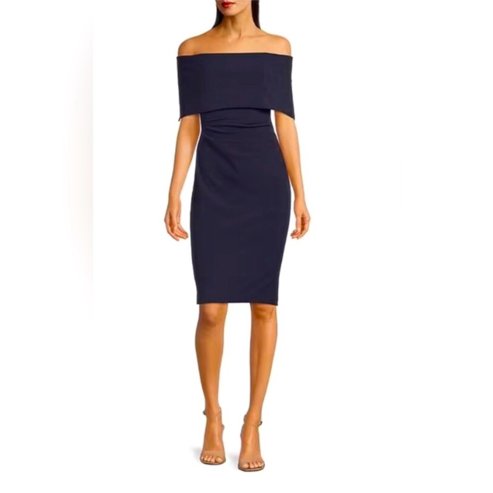 Vince Camuto Off Shoulder Midi Cocktail Navy Sheath Dress